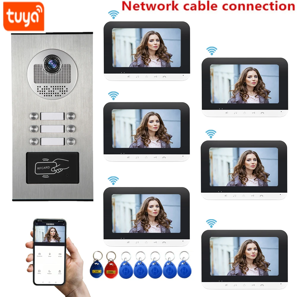 Tuya WiFi Video Intercom Home 7Inch Monitor Screen 1080P 2F/3F/4F/6F Door Phone Camera with RIFD Cards Unlock
